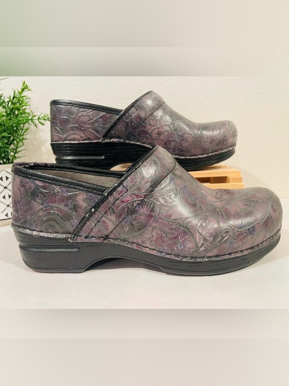 Dansko Clogs Purple Tooled Floral Leather. XP 2.0 Slip Resistant